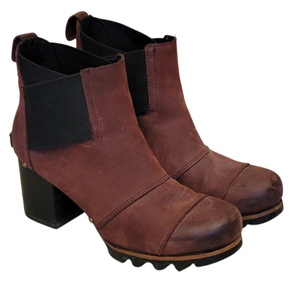 Sorel Addington Chelsea Chunky Heel Genuine Suede Bootie Cattail Burgundy Black - Picture 6 of 15